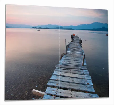 Produktbild von Wallario Herdabdeckplatte aus Glas, Größe 60 x 52 cm 2-teilig, Motiv Steg am See- Idylle bei Sonnenuntergang