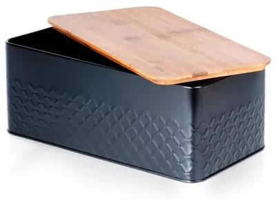 Zdjęcie produktu dla Metalowy pojemnik na pieczywo z drewnianą półką - 33,5 x 18,5 x 12,5 cm - czarny
