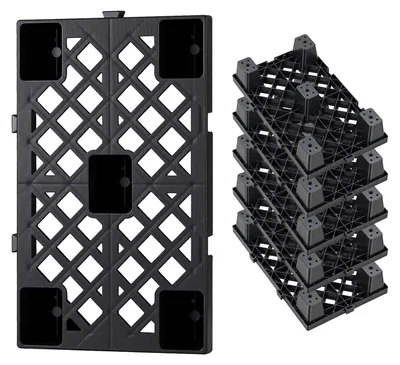 Image de 6 palettes en plastique - Palettes industrielles légères empilables, dimensions 500x305x100 mm - Charge statique maximale : 1000 kg/m² - Structure en grille avec système de verrouillage - Palettes pour le stockage et le garage