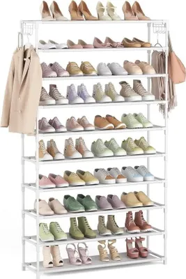 Zdjęcie produktu dla 10-poziomowy metalowy stojak na buty na 50 par butów - organizer na buty - 155 cm wysokości - oszczędność miejsca - biały - przedpokój, salon, wejście