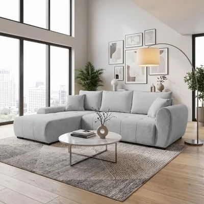 Obrázek produktu pro BEAUTYSOFA Rohová sedačka ve tvaru L, model DALLAS, 255 cm. Rohová sedačka s funkcí rozkládacího lůžka a úložným prostorem. Sedačka je světle šedá, potažená látkou. Přístavná část je umístěna vlevo, Obrázek vytvořený pomocí AI