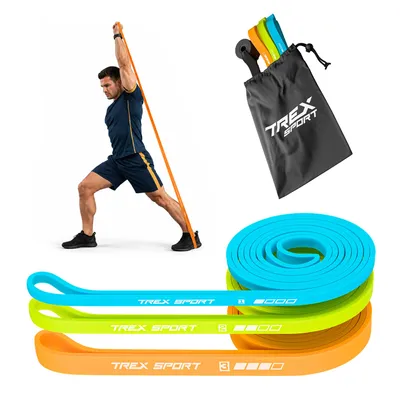 Produktbild von TREX SPORT Gymnastikband 3 Stück Set TX-003PBV Widerstandsband | Klimmzugband, Fitnessband 100% Latex, 2-30 kg, mit Türanker | Resistance Band Neon