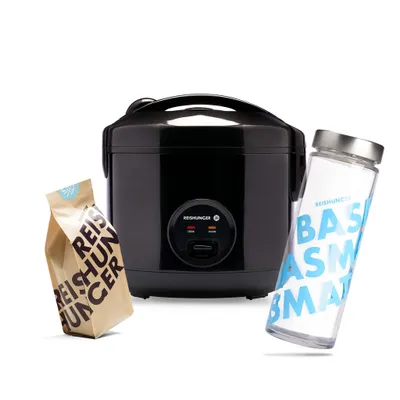 Produktbild von REISHUNGER Basis Reiskocher, schwarz inkl. Basmati Reisglas & Basmati 600g -1,2 L bis zu 6 Portionen - Warmhaltefunktion & Premium Topf