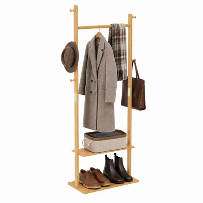 Produktbild von Kleiderständer Massivholz, 162cm Garderobenständer mit Kleiderstange & 5 Seitenhaken, 2 Ablageböden, Freistehende Garderobe für Flur & Schlafzimmer