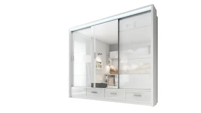 Produktbild von Halbglanz Gross Weiss Schiebeschrank mit Spiegel Kleiderschrank SYCYLIA 250 CM + LED