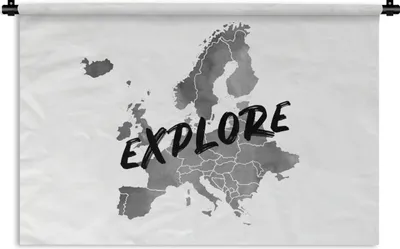 Produktbild von MuchoWow® Wandteppich Wandbehang Europa-Karte in grauer Aquarellfarbe mit dem Text "Explore" über den Ländern - schwarz-weiß 60x40 cm Tapisserie Dekoration Wandtuch - Wanddekorationen