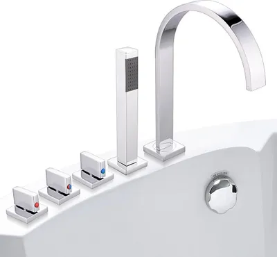 A close-up shot of a modern bathtub faucet set with multiple controls and a handheld showerhead, mounted on the edge of a white bathtub.