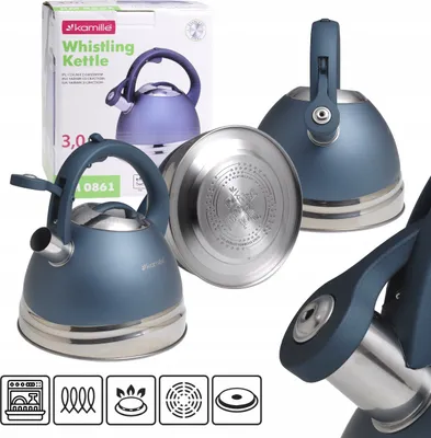 A collage of product images showing a whistling kettle and its packaging, along with icons indicating its compatibility with different stovetops.