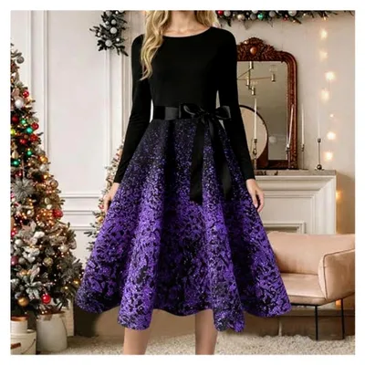 Produktbild von Elegantes Weihnachtskleid für Damen mit Weihnachtsmotiv, Langarm, Glitzer, Vintage Rockabilly Partykleid, Abendkleid, festliches Kostüm