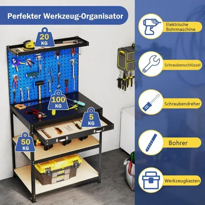 Zdjęcie produktu dla Stół warsztatowy 81 x 41 cm Stół roboczy o udźwigu 225 kg z perforowaną ścianą & Szuflady & półki w kolorze niebieskim