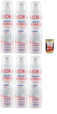 Produktbild von Nidra Deodorante Deolatte Delicato Deodorant Spray mit Milchproteinen und Mandel Deo 6x 150ml + Italian Gourmet polpa 400g