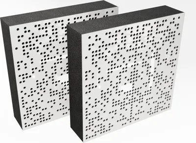Two acoustic panels with a perforated white surface and a dark gray core, presented against a white background.