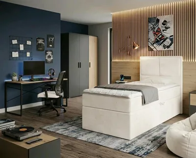 Produktbild von NORDELO Boxspringbett MODERNO 90x200 cm AMOR Velvet Creme Komplett-Set gepolstertes Einzelbett mit Stauraum, Matratze und 4 cm Visco-Topper, Bonellfederkernmatratze, T30-Schaum