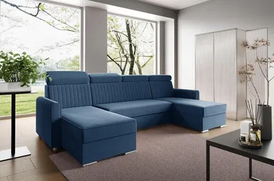 Produktbild von LIKMA Dunkelblau Ecksofa Neli U-Form 274x162 cm mit Schlaffunktion (254x125 cm) Eckcouch mit Bettkasten und Verstellbare Kopfstützen Wohnlandschaft Bettsofa mit 2x Stauraum Polstermöbel Sofa