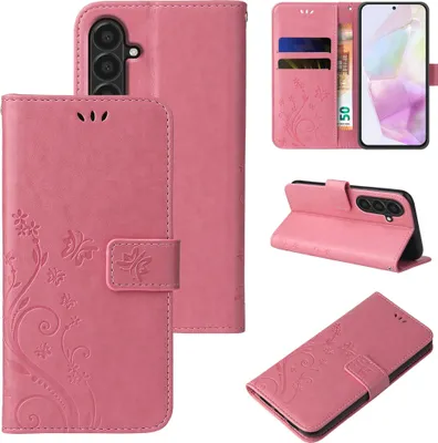 Produktbild von Handyhülle für Samsung Galaxy A37 5G Floral Blumen Schmetterling Flip Cover Hülle Case Klapphülle Handytasche Farbe: Rosegold