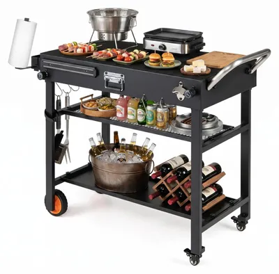 Zdjęcie produktu dla Wózek grillowy COSTWAY, składany stół grillowy, metalowy wózek serwowy na kółkach, powierzchnia robocza 86,5 x 46 cm, z haczykami i 3 półkami, stół do pizzy odporny na warunki atmosferyczne