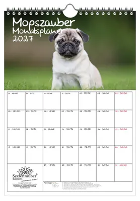 Produktbild von Mopszauber Planer DIN A4 Kalender für 2027 Mops Hunde und Welpen - Seelenzauber