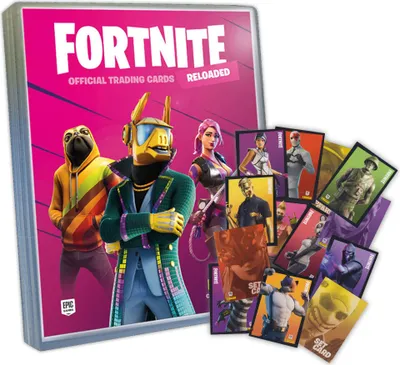 A stack of Fortnite trading cards and a binder with characters on the cover.