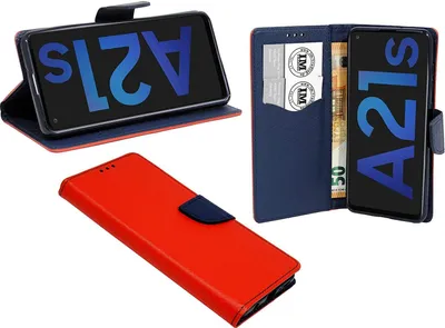 Produktbild von Buch Tasche "Fancy" kompatibel mit SAMSUNG GALAXY A21s (A217F) Handy Hülle Etui Brieftasche Schutzhülle mit Standfunktion, Kartenfach Rot-Blau