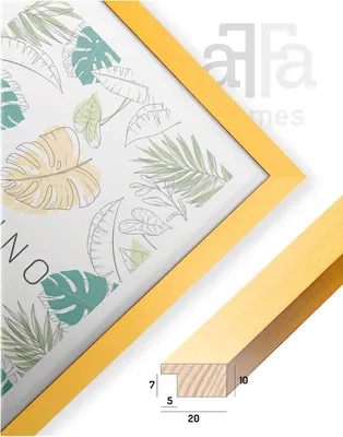 A close-up view of a yellow picture frame with a botanical print inside, and a cross-section of the frame material shown separately with dimensions.