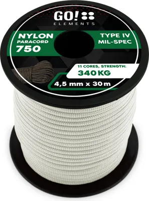 Produktbild von GO!elements 30m Paracord Seil aus reißfester Nylonschnur - 4,5mm Paracord 750 Typ IV Schnur - geeignet als Allzweckseil & Reepschnur - Max. 340kg, Farbe: Weiß