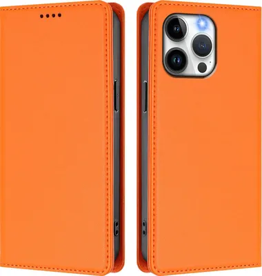 Obrázek produktu pro Kožené pouzdro pro iPhone 14 Pro Max, magnetické flipové pouzdro zPolyuretankůže se stojánkem Oranžová