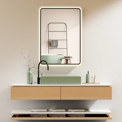 Immagine prodotto di HOKO specchio da bagno 60x80 cm con cornice+interruttore a sfioramento+cambio di luce bianco caldo-bianco freddo-neutro con interruttore a sfioramento e commutabile con interruttore a parete