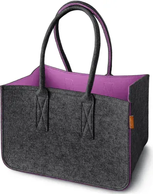 A gray felt shopping basket with a purple interior and handles, shown against a white background.