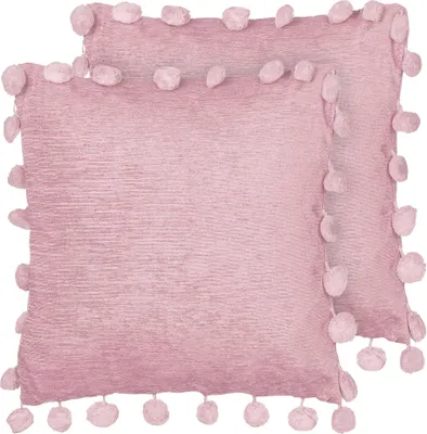 Obrázek produktu pro BELIANI Sada 2 dekoračních polštářů růžová polyester 45 x 45 cm bez vzoru s bambulkami ručně vyrobené doplňky moderní styl