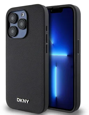 Obrázok produktu pre DKNYPolyuretánkožený kryt so strieborným kovovým logom MagSafe pre iPhone 15 Pro Max čierny (DKHMP15XPGHLMK)