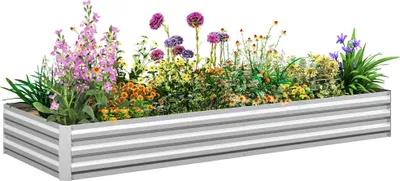 Image de Potager surélevé - Rectangulaire - Acier galvanisé - Fond ouvert - Dimensions 241 × 90,5 × 30 cm - Pour terrasse et jardin - Gris clair