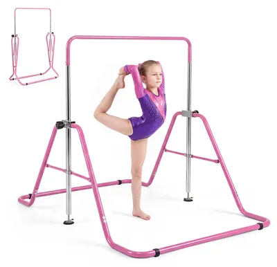 Immagine prodotto di Sbarra ginnastica COSTWAY con imbottiture, regolabile in 5 altezze e con struttura triangolare, portata massima 65 kg, sbarra pieghevole per bambini dai 3 anni in su