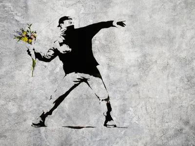 Produktbild von Banksy Kunstdruck Bild - Der Blumenwerfer, Graffiti Streetart (60 x 80 cm)