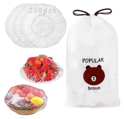 A collage of images showing food items covered with plastic wrap, a stack of plastic covers, and a drawstring bag with a cartoon bear illustration.