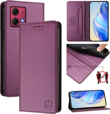 A collage of images showing a purple flip wallet phone case for a Motorola Moto G84, with close-ups of its features and a phone inside.