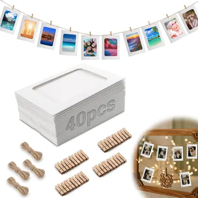 Productafbeelding van Fotoslinger - 40 fotolijstjes van 10x15 cm - Fotoslinger met knijpers - Papieren fotolijstjes - Wit