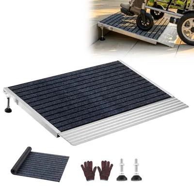 Produktbild von Schwellenrampe - Auffahrrampe Rollstuhl - 61 x 91 cm - Verstellbare Höhe - Rutschfestes Alu - Tragkraft 362 kg - Für Rollstuhl Scooter Türschwelle Bordstein Treppen