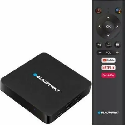A Blaupunkt Android TV box and its remote control are shown against a white background.