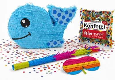 Produktbild von Pinata-Set | 4-tlg. mit Augenmaske, Schlagstock und Konfetti Farbe: "Blauer Walfisch" | 42x27x7,5cm