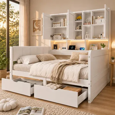 Produktbild von Flieks Jugendbett 90x200cm mit USB und Steckdose, Kinderbett Einzelbett mit Led, Schlafsofa Holzbett mit Schubladen und Schrank, Stauraumbett Weiß, KI-generiertes Bild