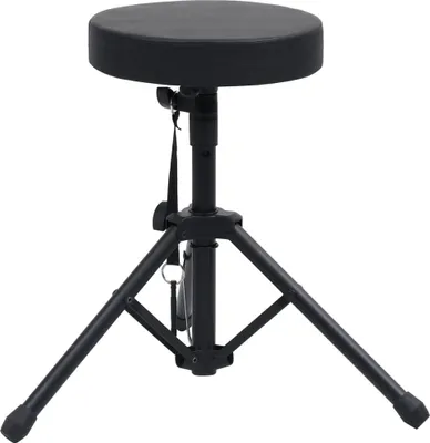 A black drum stool with a round seat and a tripod base, shown against a white background.
