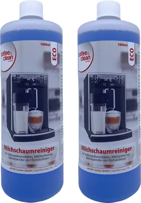 Two bottles of coffee machine milk foam cleaner, featuring a coffee machine with milk in glasses.