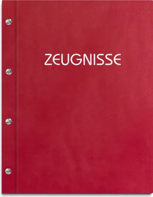 Produktbild von Zeugnismappe im roten Einband in Lederoptik mit hochwertigem Prägedruck in silber – handgefertigte Mappe für Zeugnisse, Urkunden inkl. 12 Sichthüllen