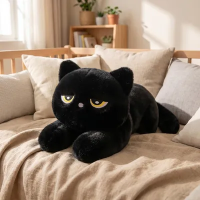 Produktbild von Schwarze Katze Plüschtier 32cm liegend Kuscheltier Plüschkissen Kissen Geschenk Mädchen Geburtstag