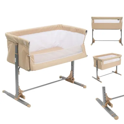 Image de Cabino lit d'appoint / Co-Sleeper - lit à jambes pour bébé réglable en hauteur jusqu'à 9 kg - anti-reflux - ouverture latérale & avec roulettes - Beige