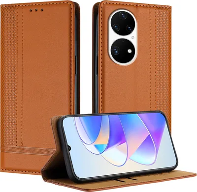 Produktbild von Handyhülle für Huawei P50 Pro Leder Flip Klappbare Schutzhülle mit Standfunktion Braun