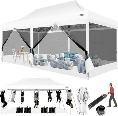 Imagen del producto de Pabellón de 3x6 metros. Pabellón plegable de 3x6 metros, impermeable y estable. Pabellón pop-up, tienda de campaña para fiestas, pabellón para jardín, plegable, con protección UV y 6 paneles laterales de malla, color blanco