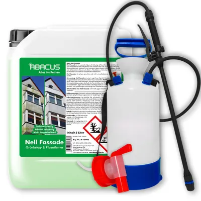 Produktbild von ABACUS® Fassadenreiniger, Grünbelagentferner für Fassaden, Putz & Hauswände, Entfernt selbsttätig 1 x 5L Nell Fassade mit AH + 7L Drucksprüher