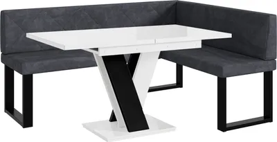 Produktbild von MEBLINI Eckbank für Esszimmer mit ausziehbarem Tisch  - Küchenbank - Essecke - Sitzecke Küche - ERIC - U-Beine 128x168x87cm Rechts - Dunkelgrau Samt/M Weiß-Schwarz Hochgl.