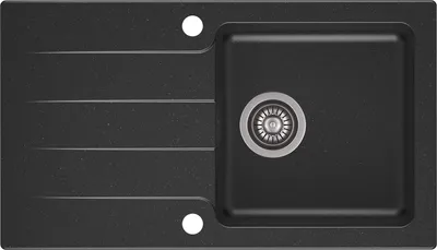 A top-down view of a black granite kitchen sink with a drain and two pre-drilled holes.
